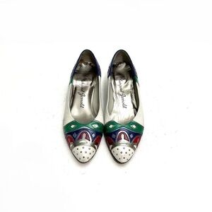 Vintage 1980s white leather multicolor appliqué slip on kitten heels